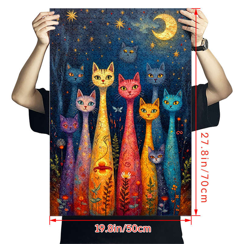 1000pcs Moonlit Cat Jigsaw Puzzle Whimsical Starry Night Scene with Colorful Cats
