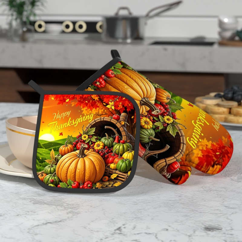 2pcs Autumn Harvest Heat-Resistant Oven Mitts 26.92x17.02 cm Vibrant Pumpkin Vegetables De