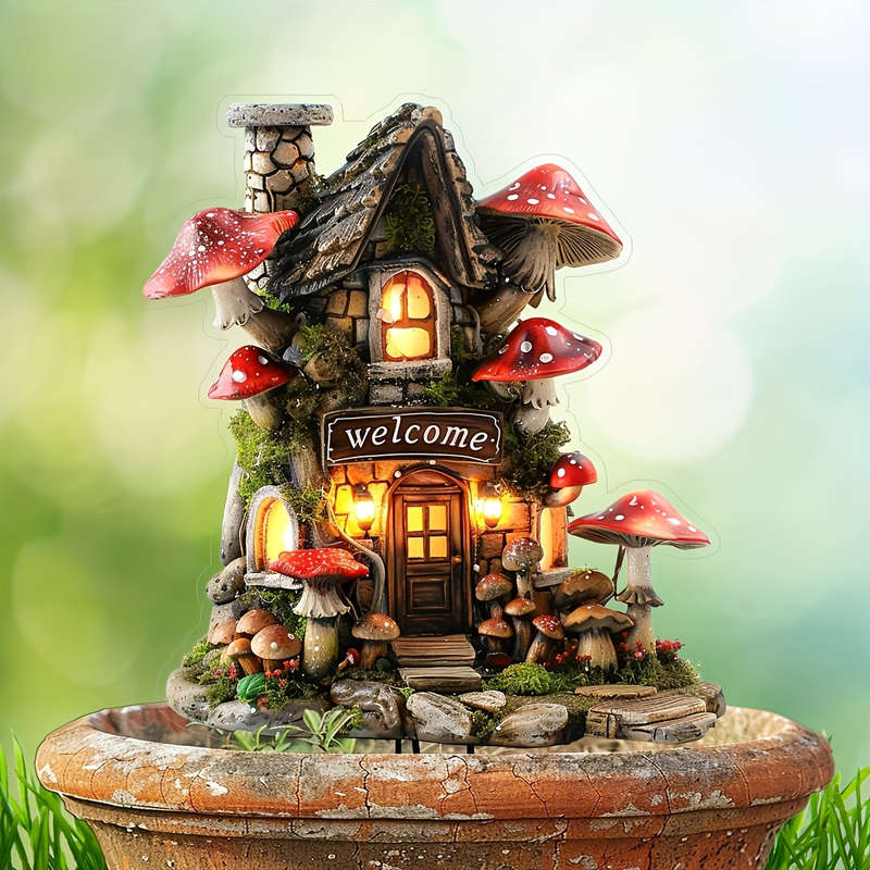 1pc 2D Flat    Acrylic Mushroom House Garden Insert Card Vibrant Red White Mushroom D
