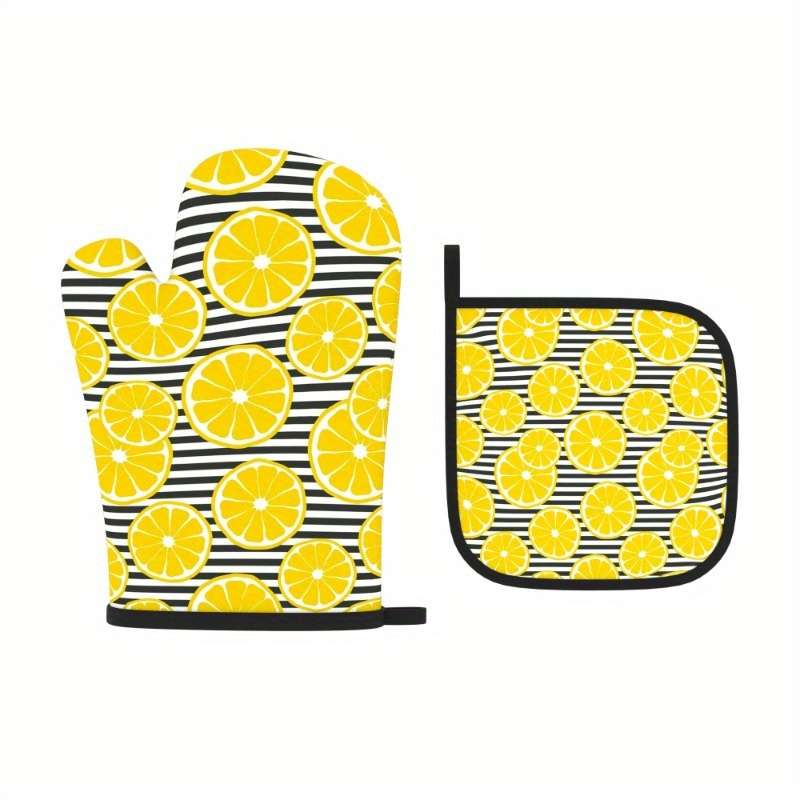 2pcs Lemon Print Oven Mitts Heat Resistant Kitchen Gloves with Black White Striped Design