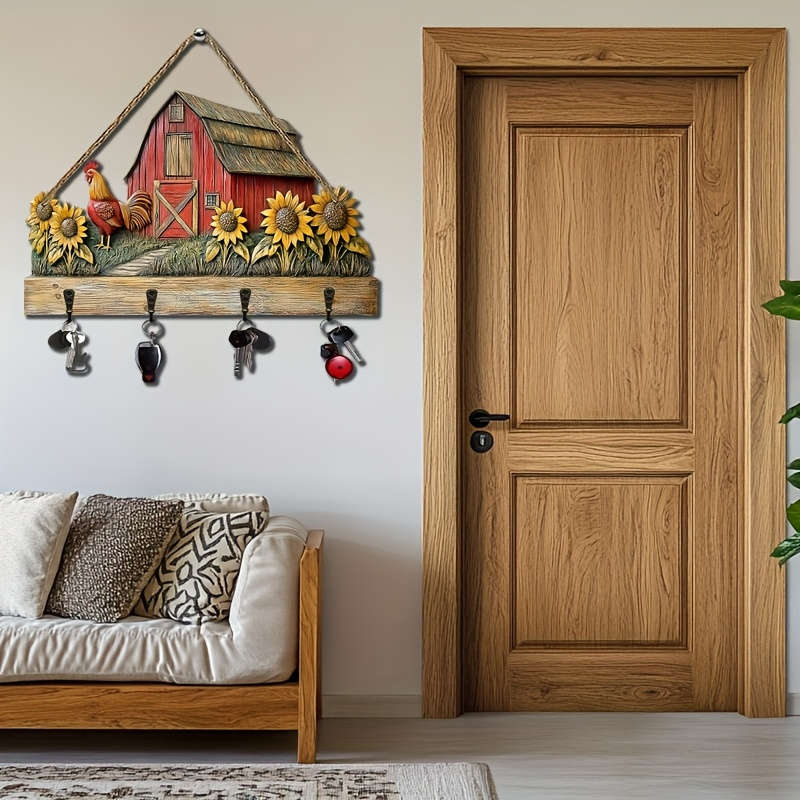 1pc Warm Sunflower Farm- Household Wooden Keychain( 29.97cm X 24.99cm) with Four Metal Hooks- Mult