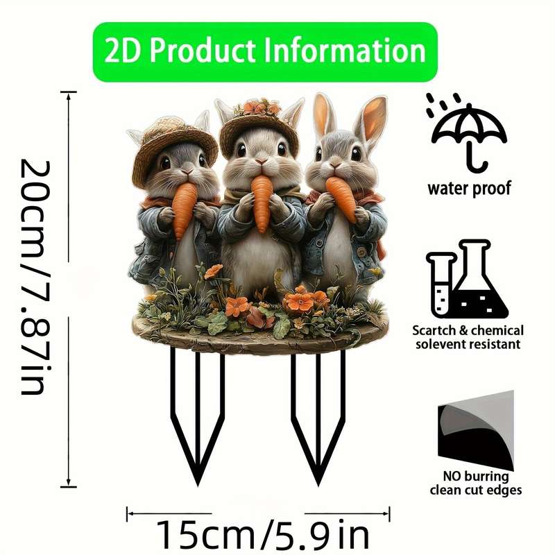 1pc 2D Flat A  Statue of Three Rabbits That Love Carrots Made of Acrylic