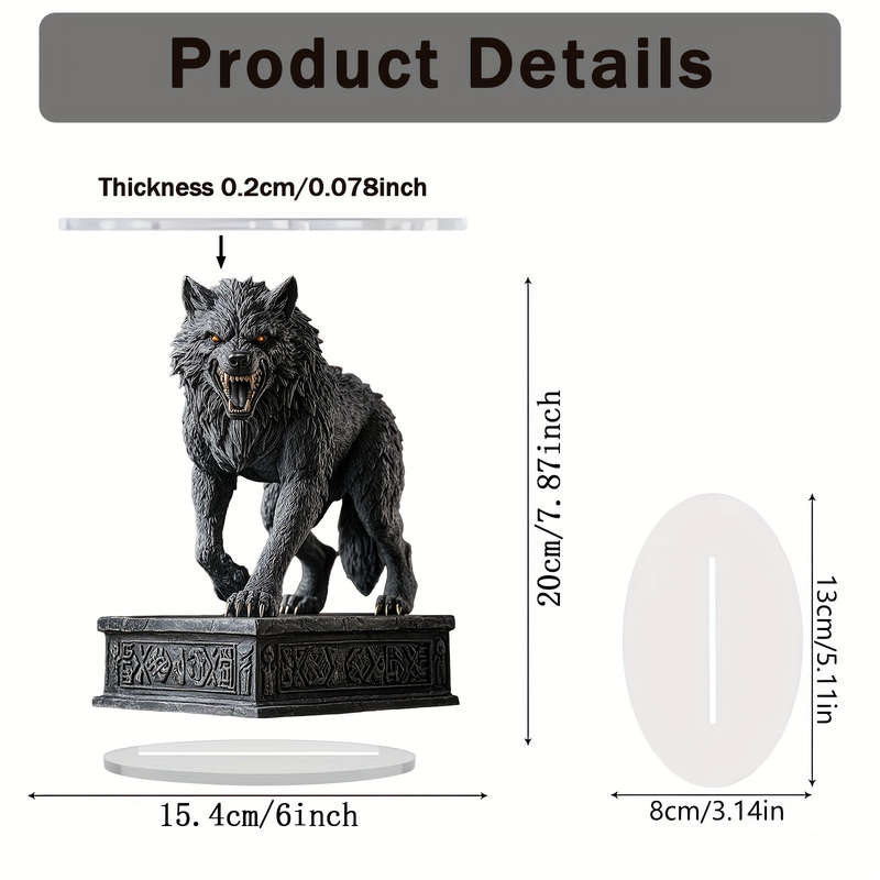 1pc 2D Flat   Bohemian Acrylic Wolf Sculpture Fierce Wolf Head Design with Ornate Base Dark De
