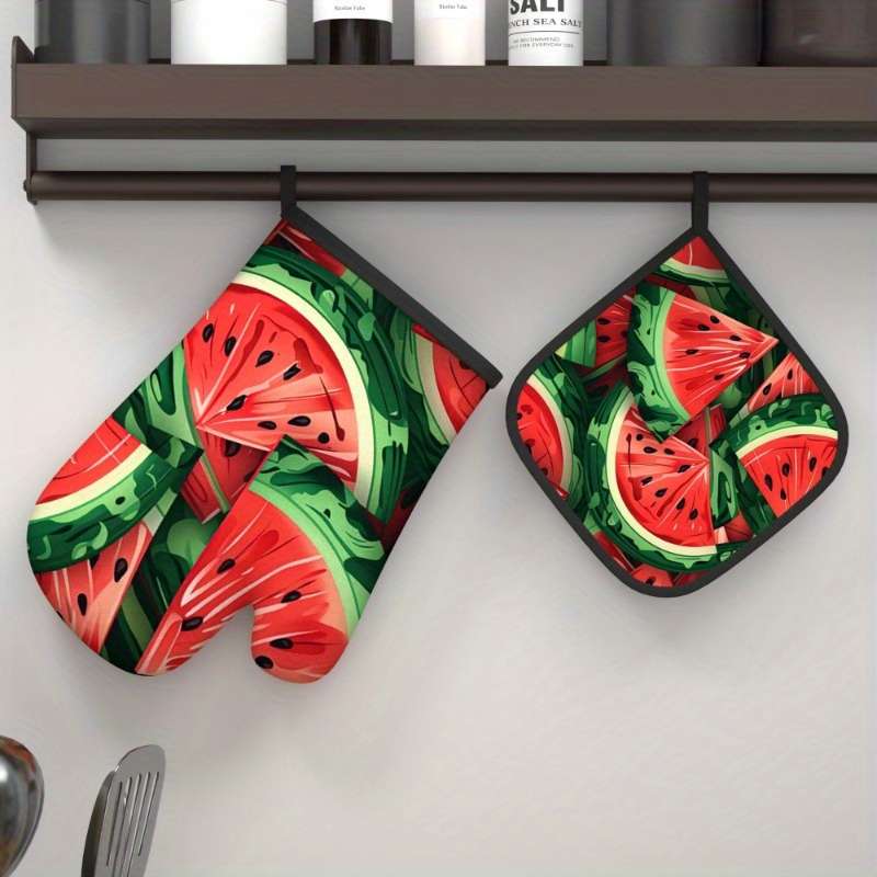 2pcs Vibrant Watermelon Heat-Resistant Oven Mitts and Pot Holders 26.92x17.02 cm Polyester