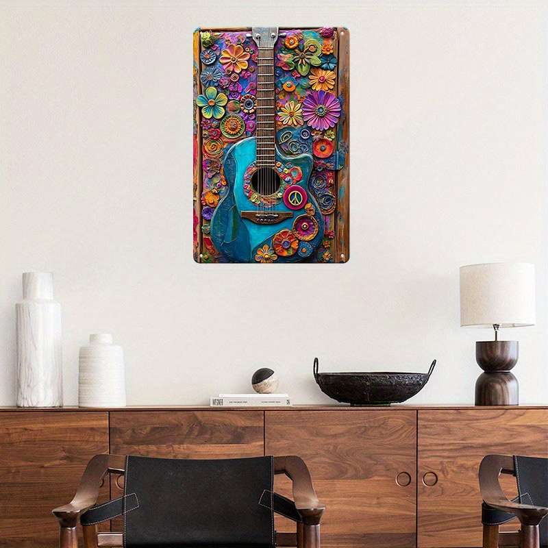 1pc Vintage Hippie Guitar Aluminum Tin Sign 8x12 Inch 20x30cm No Electricity Required Wall-Mo