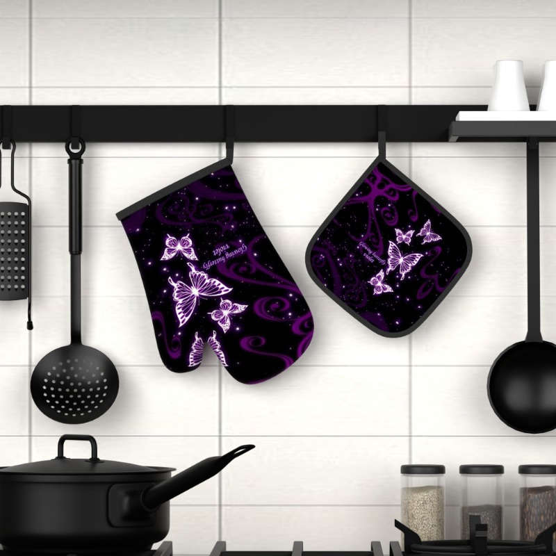 2pcs Purple Dream Butterfly Polyester Oven Mitts Heat Resistant Pot Holders Machine Washable