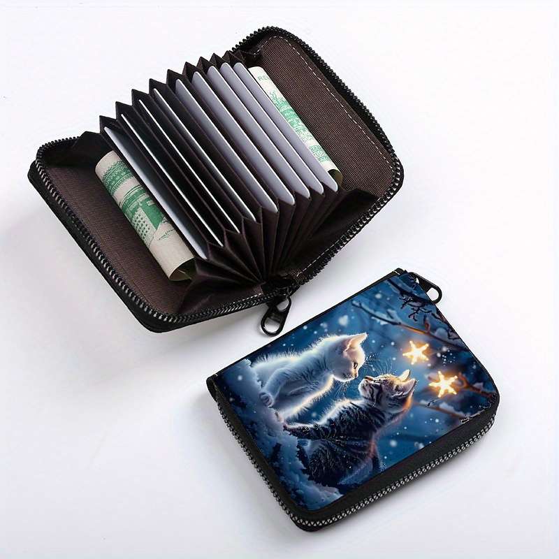 1pc Couple'S Cat Print PU Wallet Fashionable Printed Coin Purse with 9+2 Accordion Card Slots