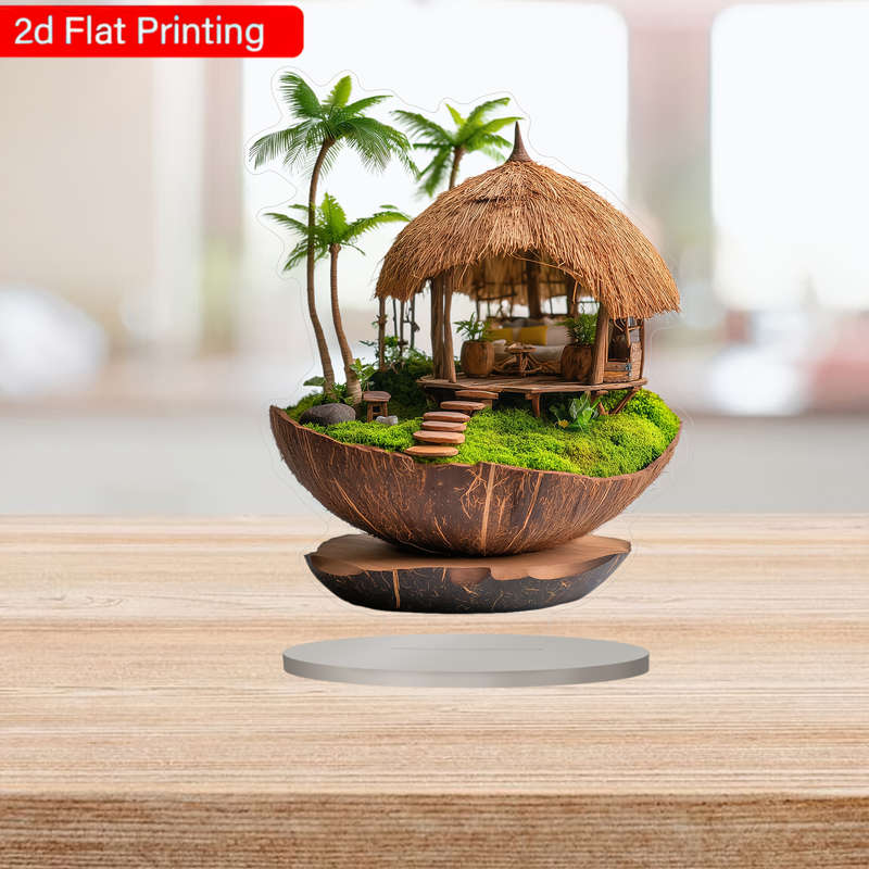 1pc 2D Flat  Boho Tropical Coconut Hut Acrylic Artwork with Wooden Base Handmade