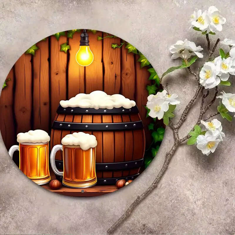 1 8" Round Aluminum Sign With Beer Mug And Barrel Design