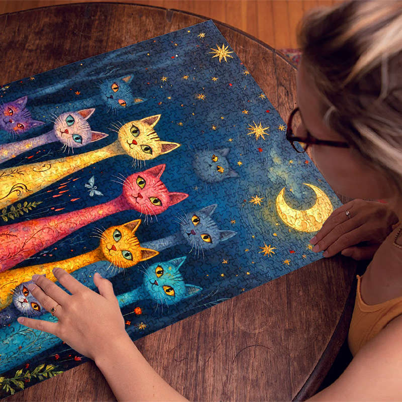 1000pcs Moonlit Cat Jigsaw Puzzle Whimsical Starry Night Scene with Colorful Cats