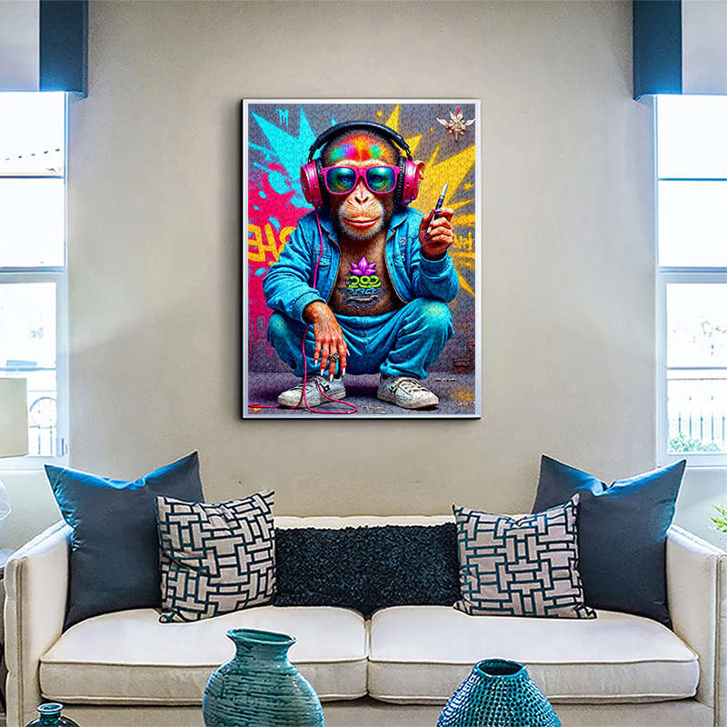 1000pcs Jigsaw Puzzle Trendy Monkey with Headphones Vibrant Graffiti Art Advanced