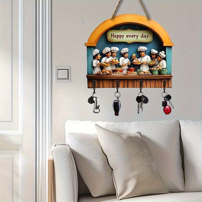 Colorful Wooden Key Holder with Four Metal Hooks"Happy Every Day" Chef Design 30.0cm x 24.99cm