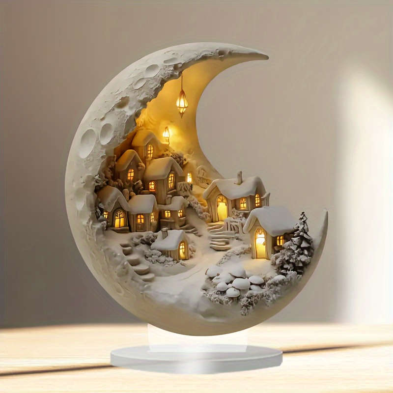 1pc 2D Flat  Bohemian Style Crystal Moon Phase Snowy Village Decor Dreamy Pastel Grey Acrylic P