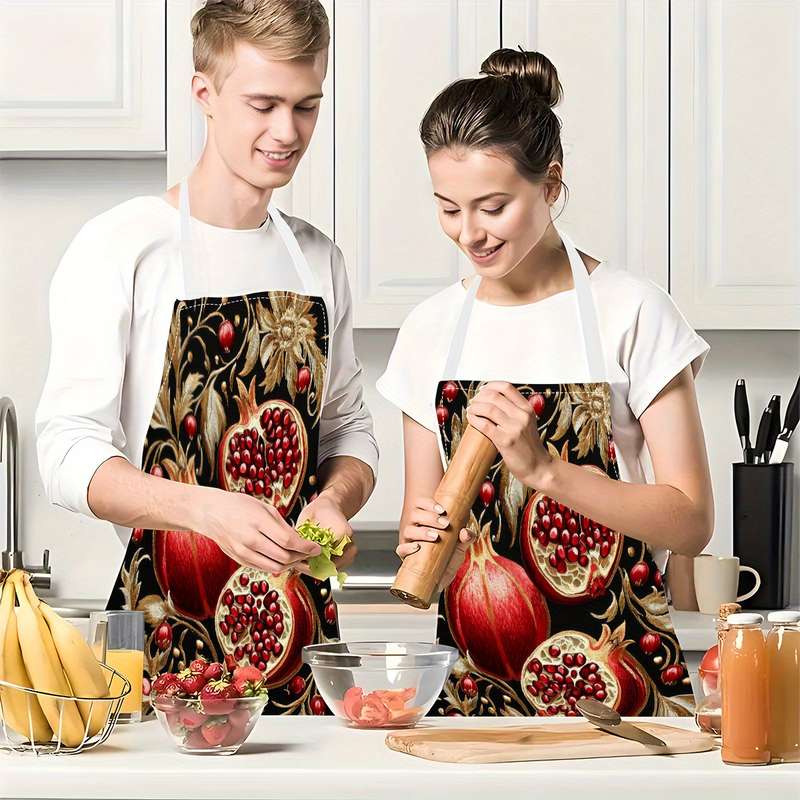 1pc Elegant Pomegranate Golden Leaves Print Linen Apron 100% Linen Smooth Fabric Ideal fo