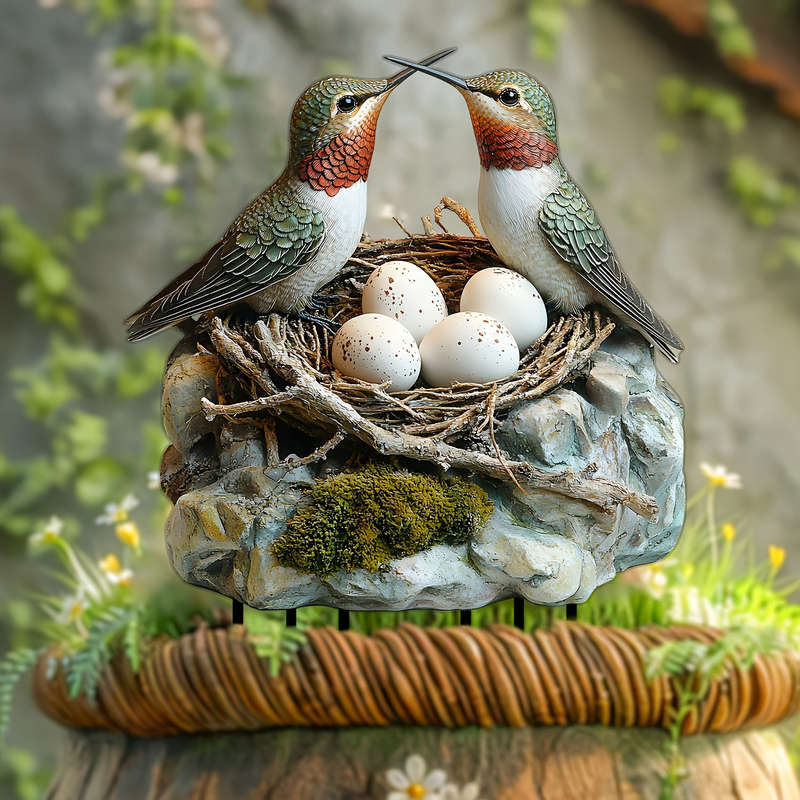 1pc 2D Flat Charming  Acrylic Hummingbird Garden Stake with Lifelike Birds Eggs Rustic Outdoor D