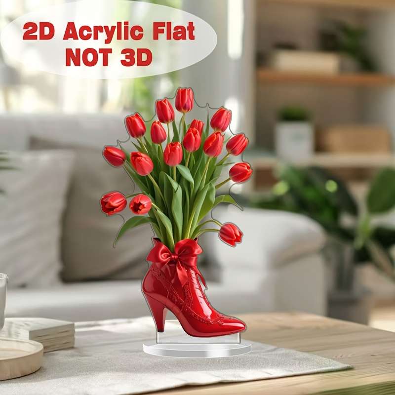 1pc 2D Flat   Classic Red High Heels Tulip Acrylic Desktop Decor Romantic  Design Perfect