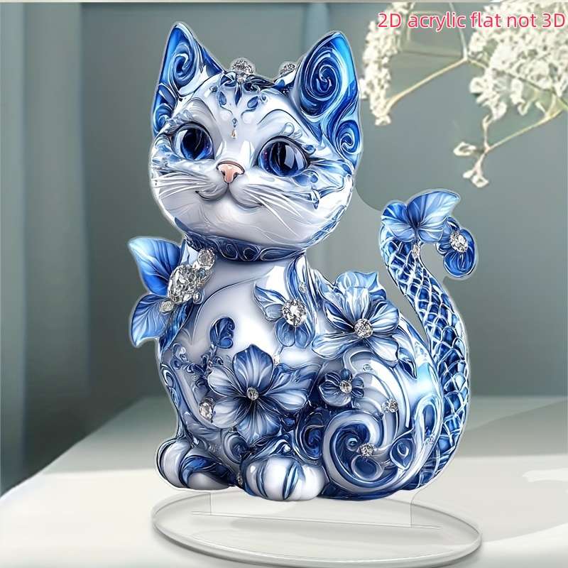 1pc 2D Flat   Bohemian-StylePrinted Acrylic Cat Figurine with Blue Floral Gemstone Ac
