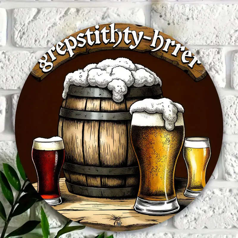 1pc 8-Inch Round Aluminum Wreath Sign Vintage Beer Barrel Design with Grepsstitty-Brier Wall Art for