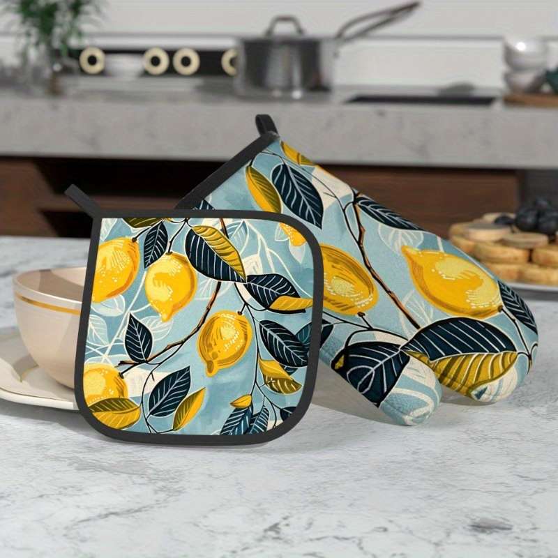 2pcs Lemon Leaf Pattern Oven Mitts Heat Resistant Non-Slip Kitchen Gloves for Baking Grilli