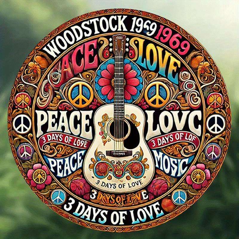 1pc 2D Plane  Woodstock 1969 Peace and Love 8-inch Metal Plaque Retro Iron Wall Art Classic