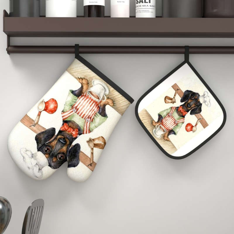 2pcs Cute Dog Chef Cartoon Oven Mitts and Pot Holders Heat Resistant Polyester Machine Wash