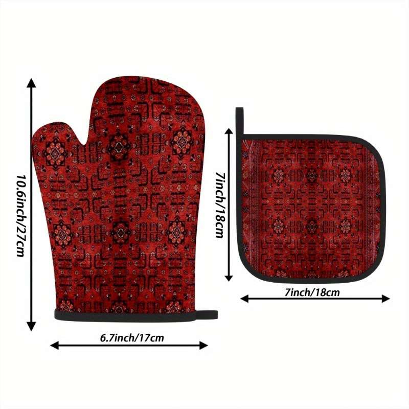 2pcs Red Floral Heat-Resistant Oven Mitts with Black Accents 26.92x17.02 cm Polyester Pot Hol