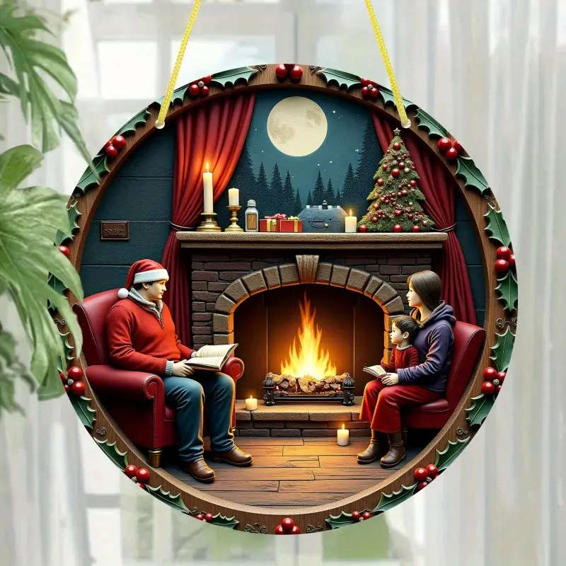 1pc Cozy Warmth Cozy Fireplace Scene Wooden Wall Art 20.32x20.32 cm Romantic Decor Featuring Family