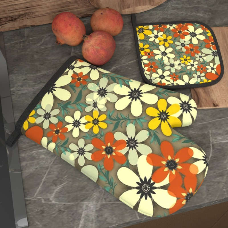 2pcs Floral Heat-Resistant Oven Mitts Potholders Watercolor White Yellow Red Flowers wit