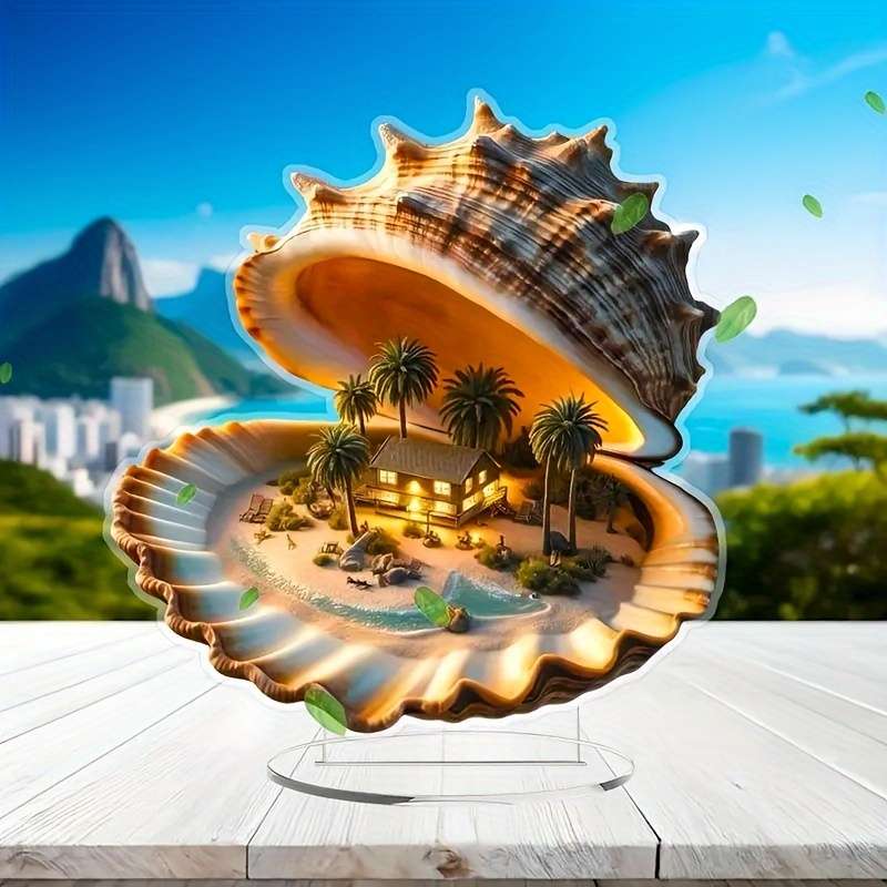 1pc 2D Flat  Acrylic Shell House with Palm Tree Accents Tropical Beach Theme Home Decor Coastal A