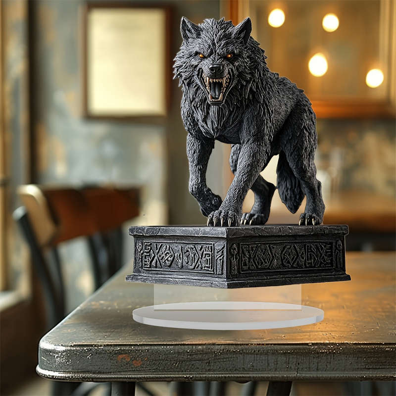 1pc 2D Flat   Bohemian Acrylic Wolf Sculpture Fierce Wolf Head Design with Ornate Base Dark De