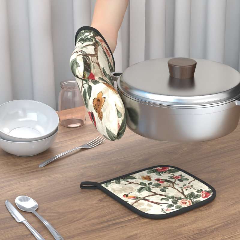 2pcs Floral Oven Mitts and Pot Holders Set Heat Resistant Machine Washable Polyester Ideal
