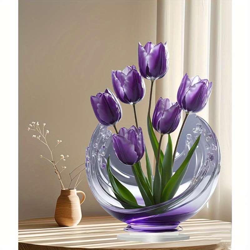 1pc 2D Flat  Elegant Purple Tulip Acrylic Crystal Tabletop Decoration Perfect for Bedroom Living
