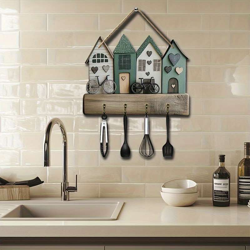 A Creative Small House And Bicycle Wall-Mounted Key Holder Featuring a Simple And Colorful Wooden K