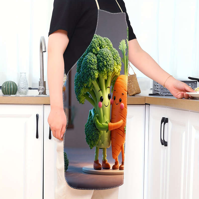 1pc Cute Carrot Broccoli Print Linen Apron Soft Easy-Care Fabric for Cooking Baking Kitchen