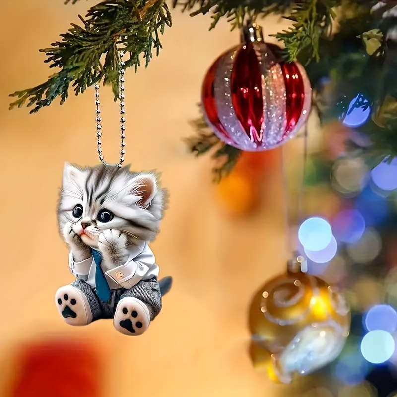 1pc 2D Flat  Adorable Shy Cat Acrylic Hanging Ornament Collectible Feline Memorial with Blue Shirt