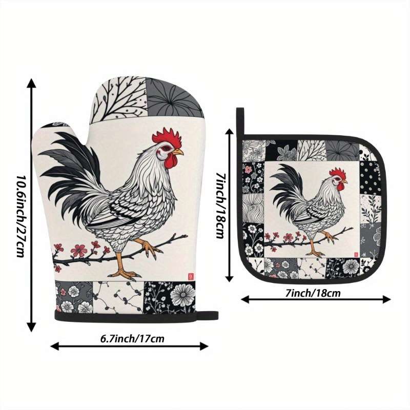 2pcs Rooster Plum Blossom Heat-Resistant Oven Mitts Floral Chinese Design 26.92x17.02 cm
