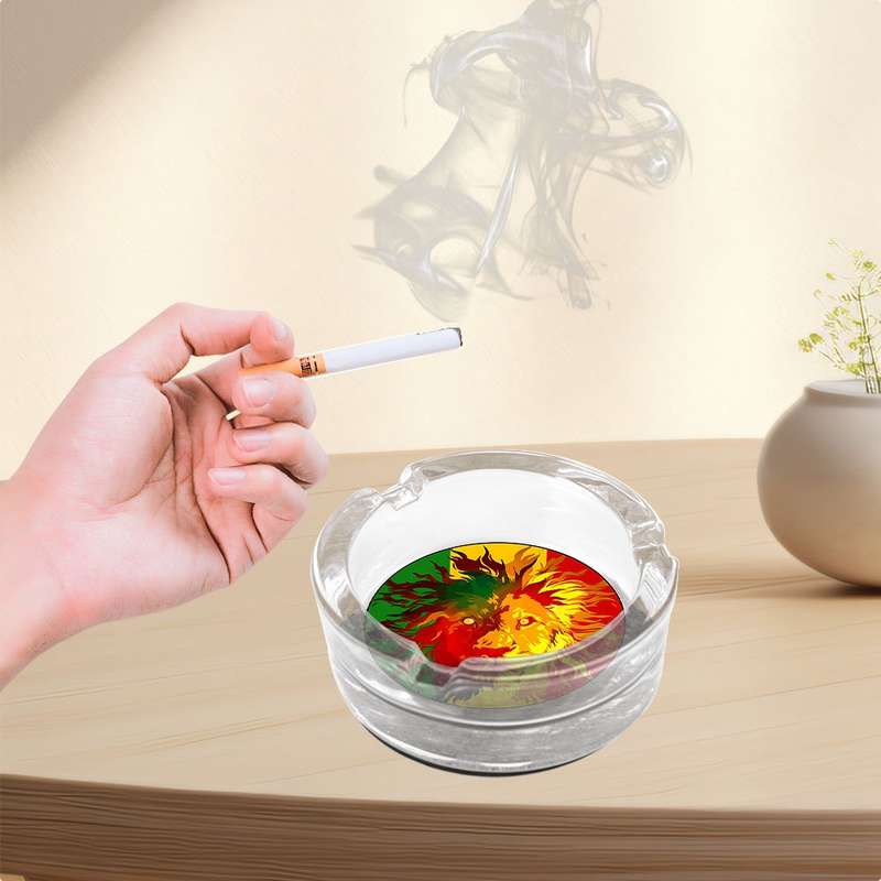 1pc Lion King Glass Ashtray with Non-Slip Base Vibrant Red Yellow Green Design Crystal Clear Rou