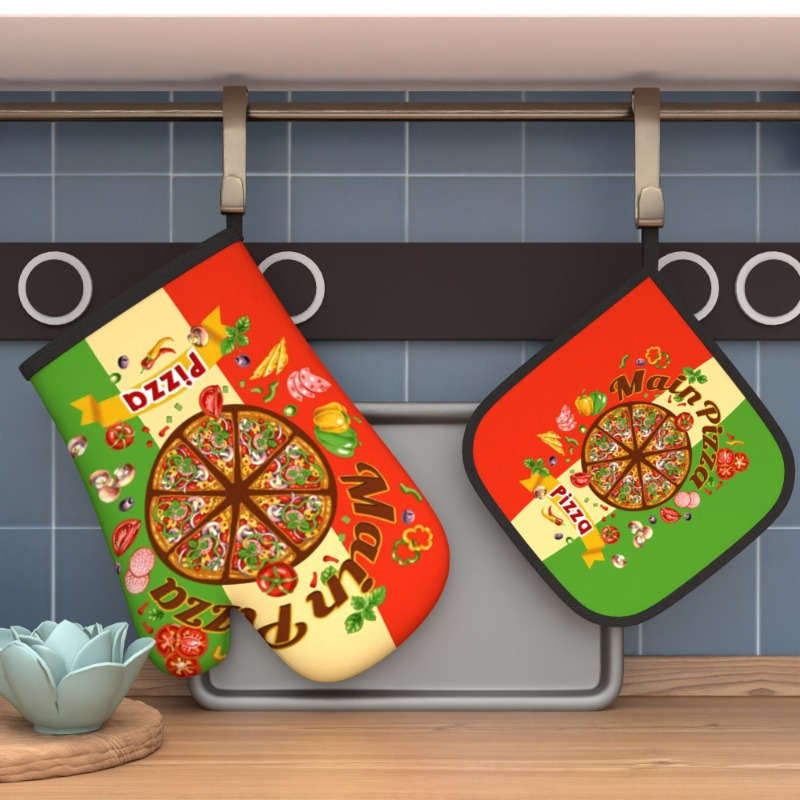 2pcs Colorful Pizza Slice Oven Mitts Pot Holders Heat Resistant Machine Washable Polyester