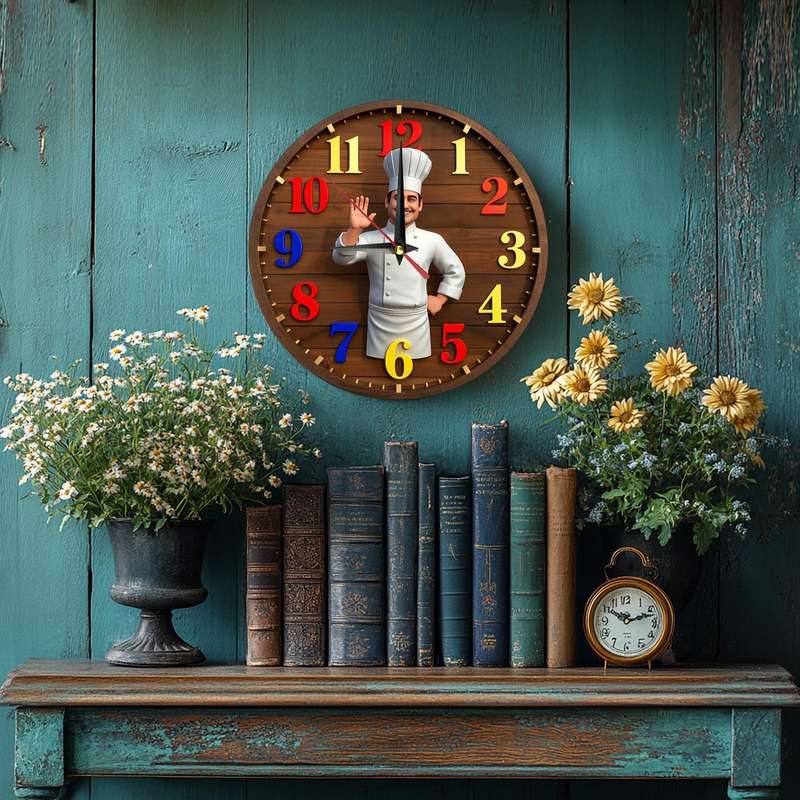 1pc Charming Vintage Chef-Themed Silent Wooden Wall Clock Rustic Farmhouse Decor 24.89cm Round
