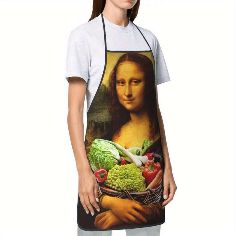 1pc Funny Mona Lisa Loves Vegetables Apron Humorous Artistic Design 100% Polyester Bib Apron