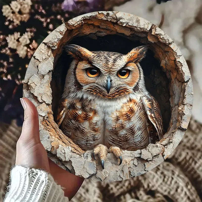 1pc Charming 20.32cm Vintage Owl Wall Art Decor Rustic 3D Embossed Aluminum Easy-to-Hang with Pre-Dr