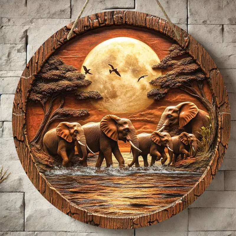 1pc Vintage Elephant Family Wooden Wall Art 20.32x20.32cm Round Decorative Sign with 2D Flat Print A