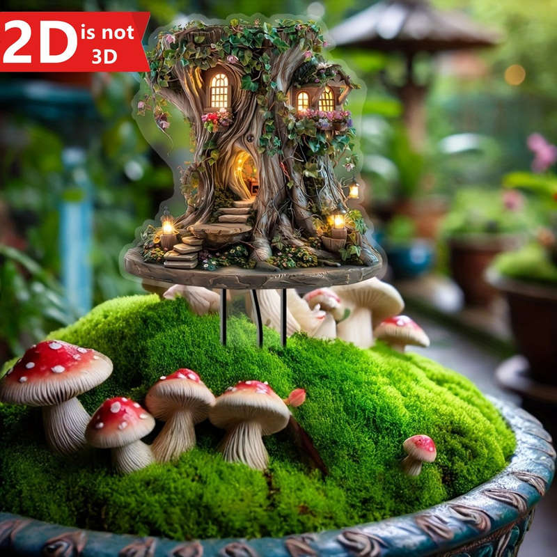 1pc 2D Flat   Magic Bohemian Fairy Tree House Garden Stake  Acrylic Decor with Glowing Wind