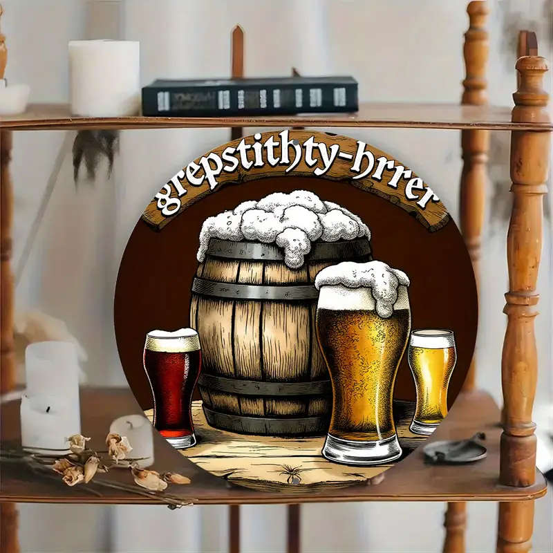 1pc 8-Inch Round Aluminum Wreath Sign Vintage Beer Barrel Design with Grepsstitty-Brier Wall Art for