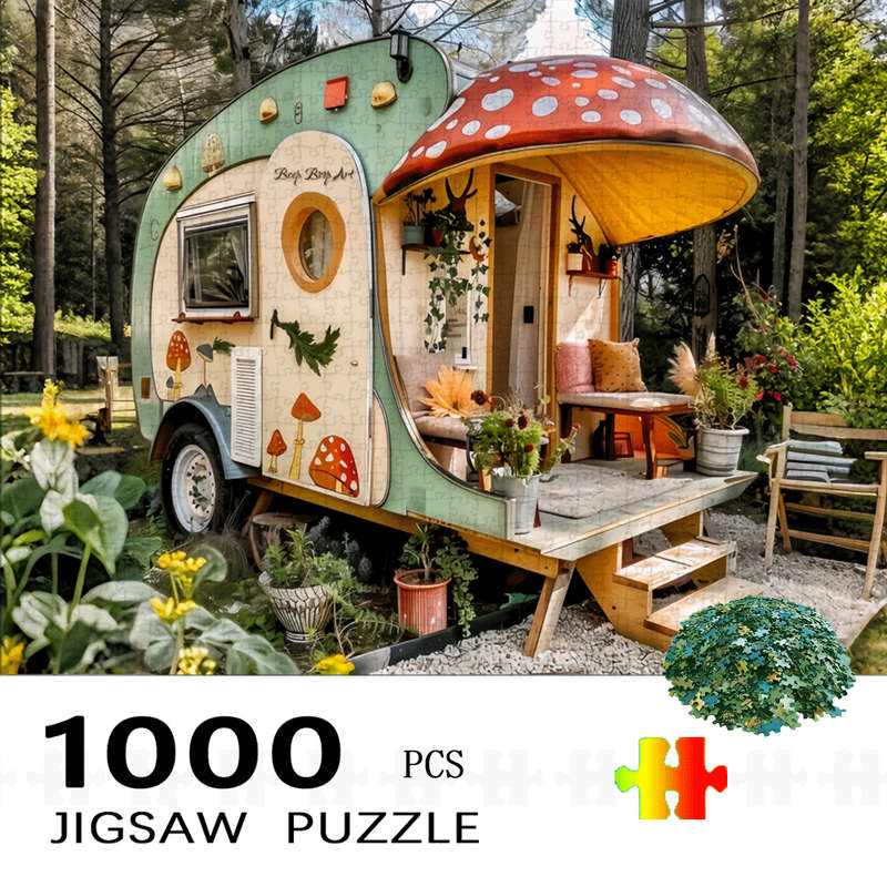 1000pcs Mushroom-Shaped Camper Van Forest Scene Jigsaw Puzzle Large Paper Puzzle fo
