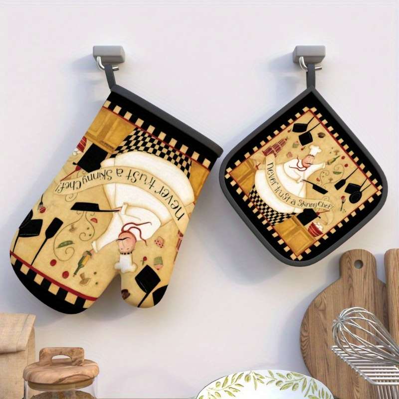 2pcs HeatGuard Polyester Oven Mitts and Potholders Set "Never Trust a Skinny Chef" Design Mac