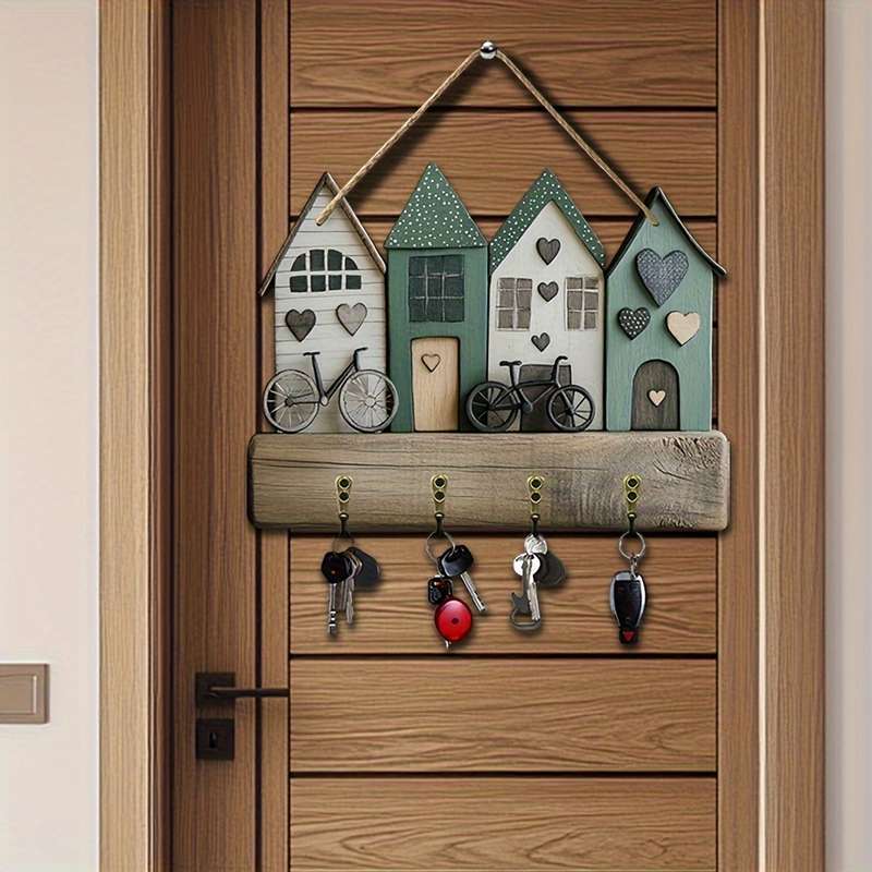 A Creative Small House And Bicycle Wall-Mounted Key Holder Featuring a Simple And Colorful Wooden K