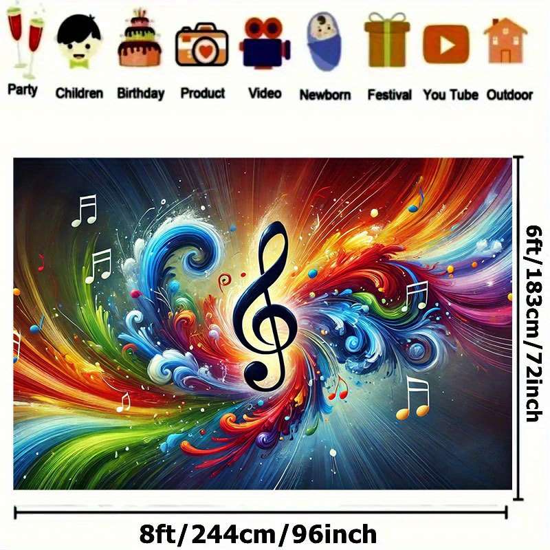1pc 243.84x182.88cm Vibrant Musical Note Dance Polyester Backdrop Banner Colorful Abstract Design