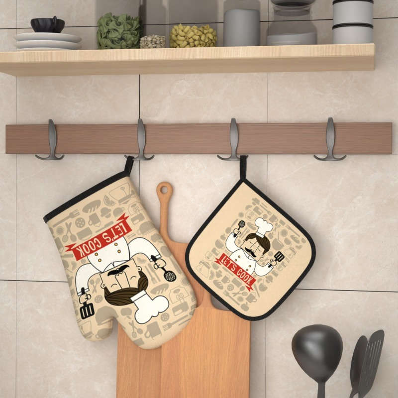 2pcs Master Chef Kitchen Oven Mitts and Potholders Set 26.92x17.02 cm Heat Resistant Polyeste