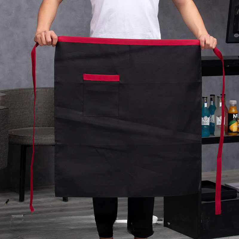 1pc Men's Black Canvas Chef Apron with Red Stripe Half-Length Server Kitchen Work Apron Durabl